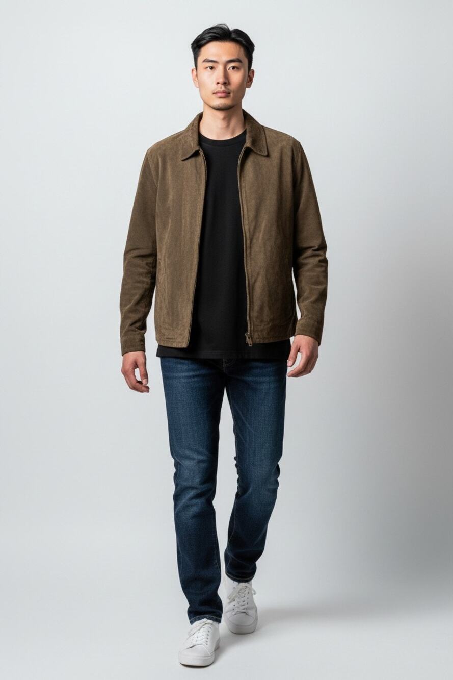 JLC American Classic Bomber Jacket Mens XL Olive Green Suede Leather Full Zip